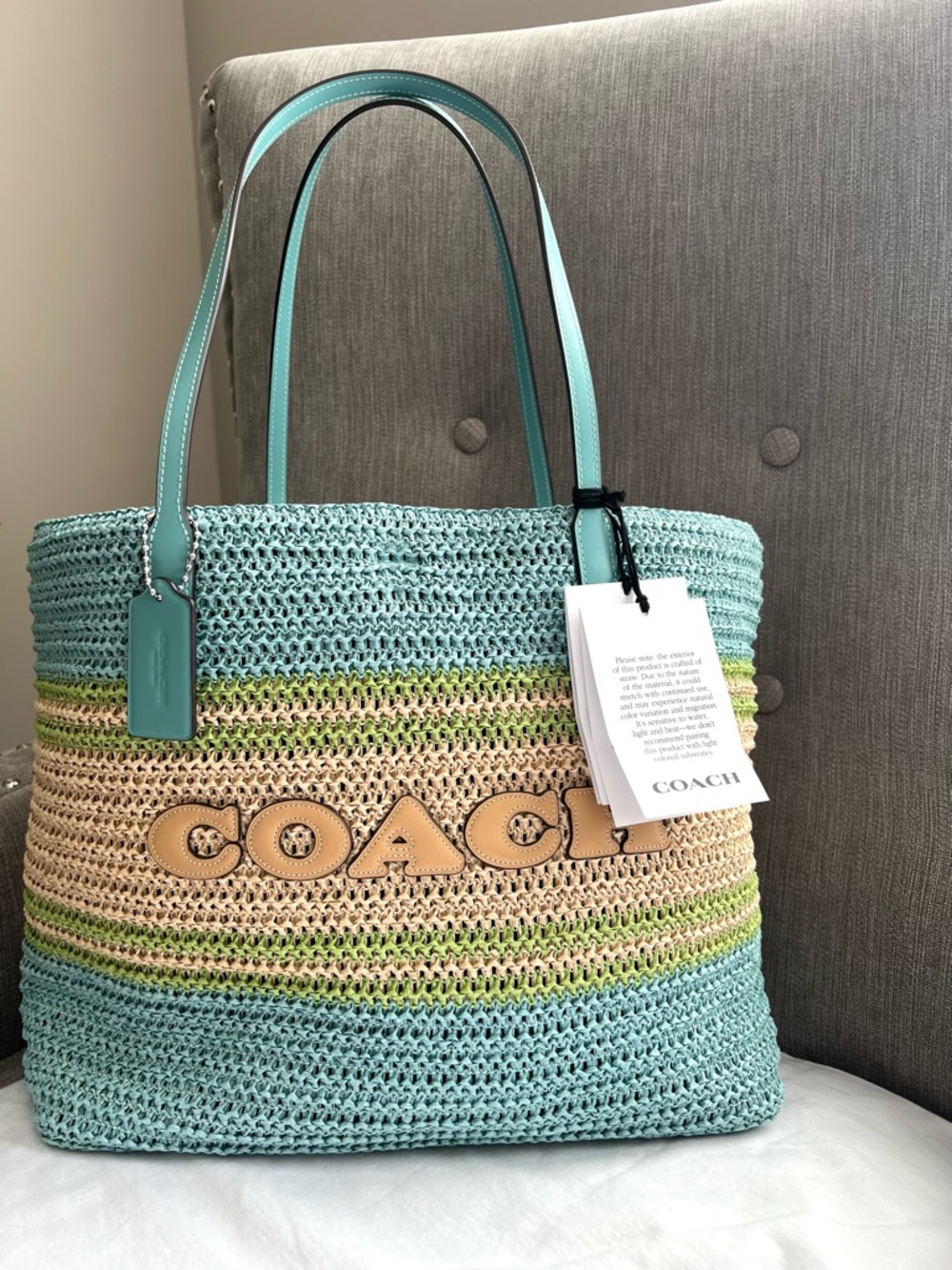 NWT Coach Straw City Tote Light Turquoise Multi -Limited seasonal release - Picture 2 of 9